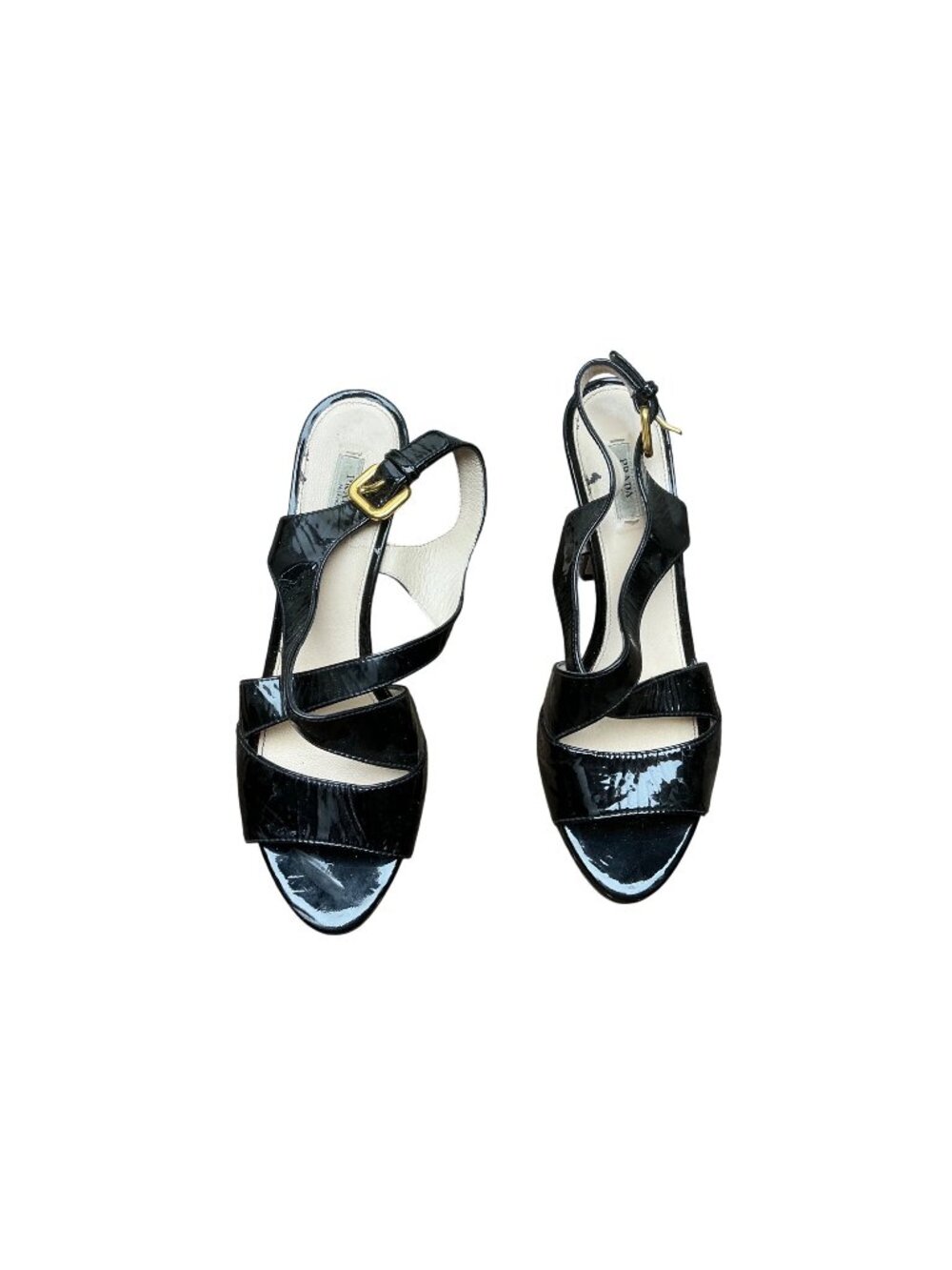 Prada Black Patent Leather Ankle Strap Sandals Open Toe Heels Womens Size 38
